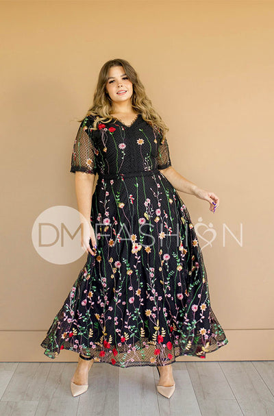 Diana Embroidered Black Floral Dress - DM Exclusive