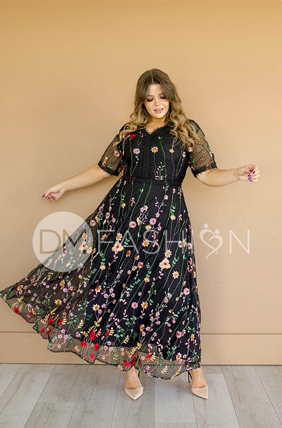 Diana Embroidered Black Floral Dress