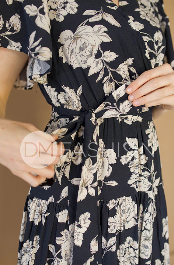Tessa Black Floral Wrap Dress - DM Exclusive - Nursing Friendly - Maternity Friendly
