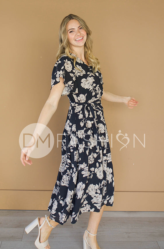 Tessa Black Floral Wrap Dress - DM Exclusive - Nursing Friendly - Maternity Friendly