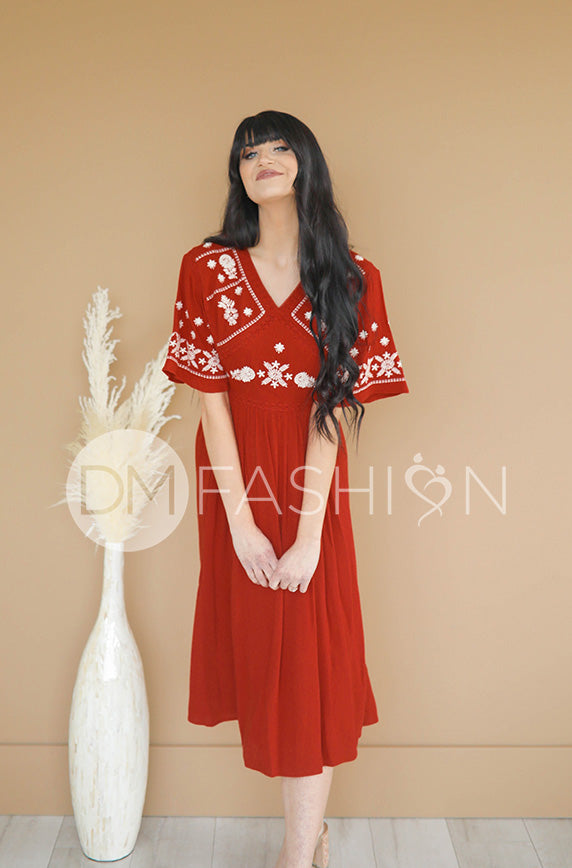 red embroidered midi dress Artisan Scarf Dress in Merlot