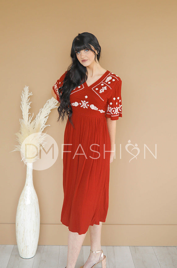 Marlee Brick Embroidery Midi Dress - DM Exclusive - Maternity Friendly