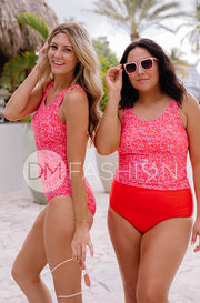 V Back Midkini Top - Marigold Cherry Red