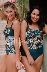 Color Block Ruched Bandeau One Piece - Jardin Du Chateau Teal