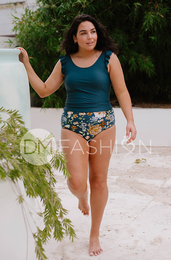 Ruffle V Back Midkini Top - Teal