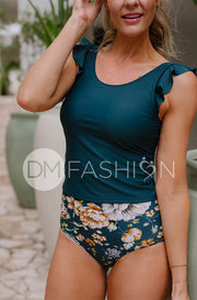 Ruffle V Back Midkini Top - Teal