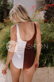 Ruched Center V-Neck One Piece - Nutmeg & Cream