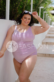 Ruched Center V-Neck One Piece - Lilac Shimmer