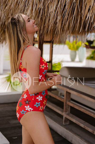 Square Neck Open Back One Piece - Peace N' Love Cherry Red