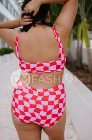 Square Neck One Piece - Checkered Wave