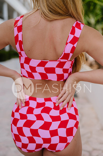 Square Neck One Piece - Checkered Wave