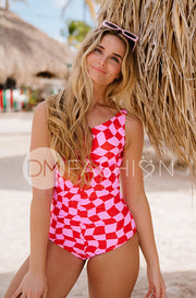 Ruched Center V-Neck One Piece - Checkered Wave