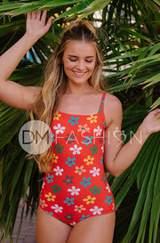 Square Neck Open Back One Piece - Peace N' Love Cherry Red