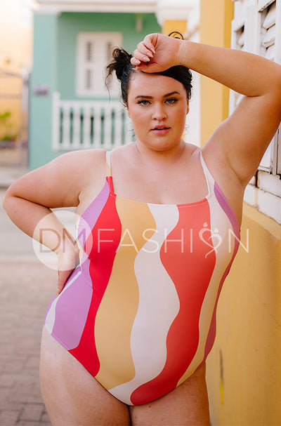 Square Neck Open Back One Piece - Large Wave Retro