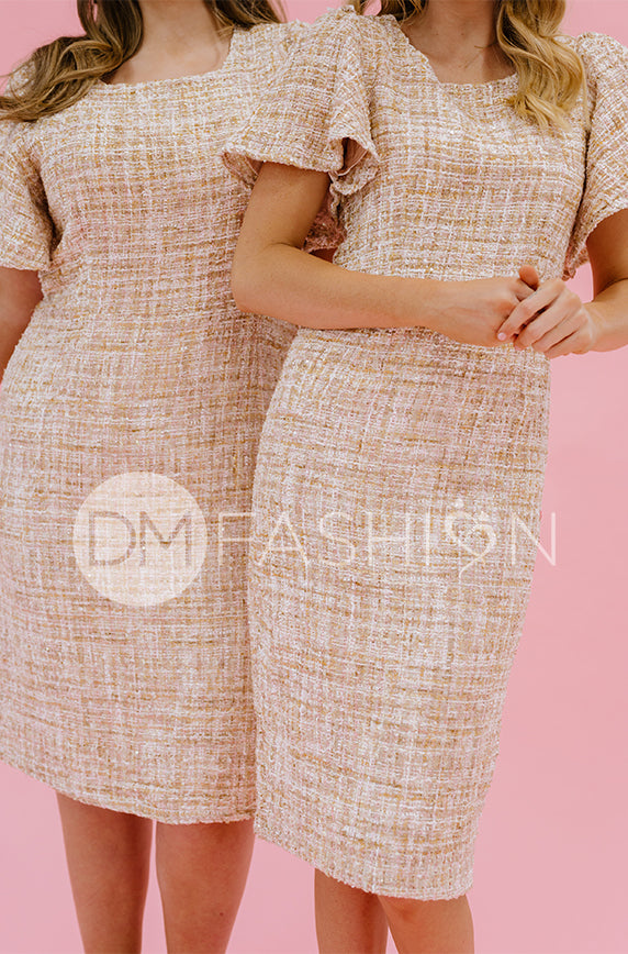 Victoria Beige Sequins Tweed Dress - DM Exclusive- FINAL SALE