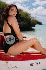 High Neck One Piece - Black Ribbed