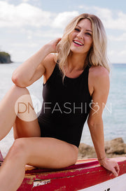 High Neck One Piece - Black Ribbed