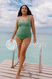 Square Neck Open Back One Piece - Amazon Green Shimmer