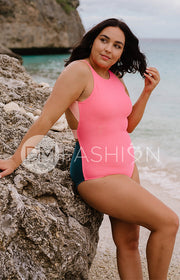 High Neck Contrast Back One Piece - Tropical Ribbed Color Block