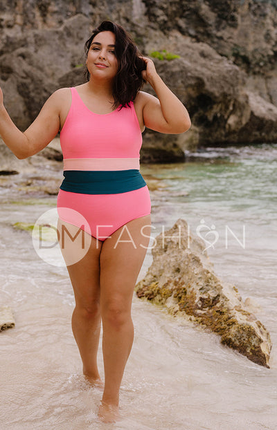 V Back Color Block Midkini Top - Tropical Stripes Ribbed