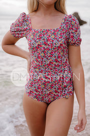 Puff Sleeve Square Neck One Piece - Fleur Sauvage Red