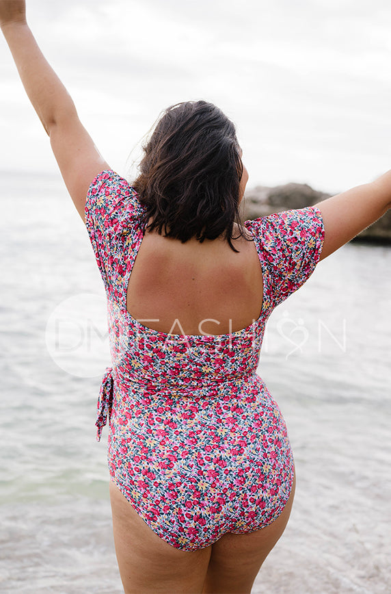 Puff Sleeve Square Neck One Piece - Fleur Sauvage Red