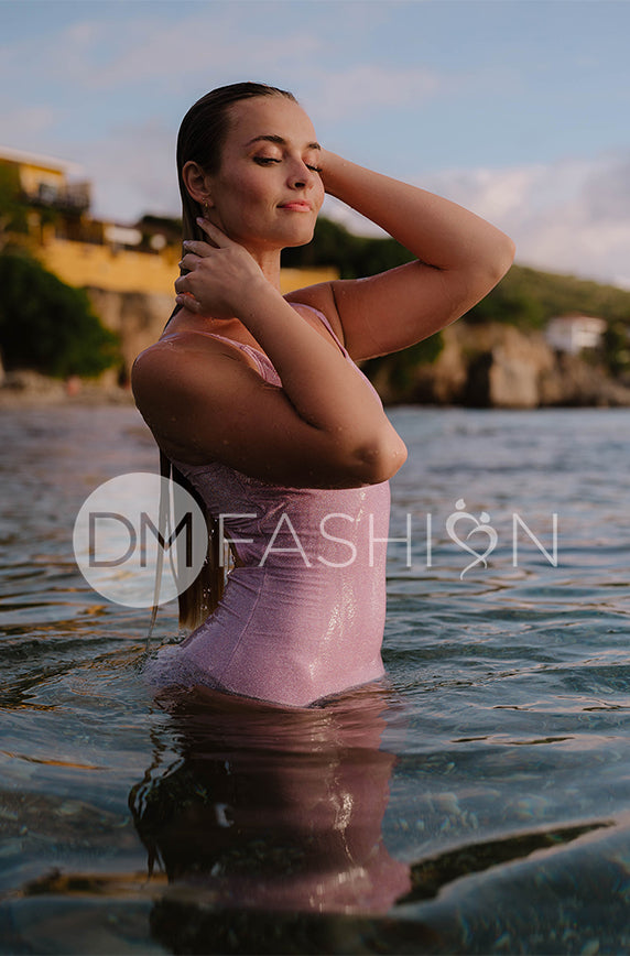 Square Neck Open Back One Piece - Lilac Shimmer