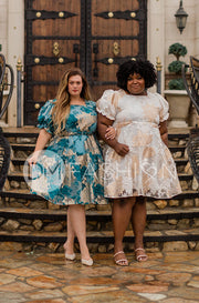 Ellis Jacquard Teal/Gold Velvet Dress - DM Exclusive