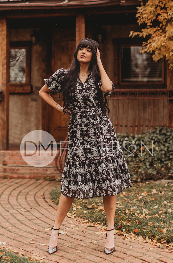 Tara Black Satin Floral Dress – DM Exclusive – Nursing Friendly