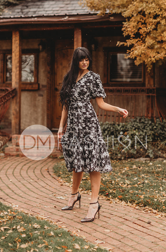 Tara Black Satin Floral Dress – DM Exclusive – Nursing Friendly