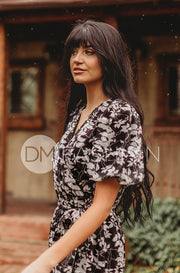 Tara Black Satin Floral Dress – DM Exclusive – Nursing Friendly