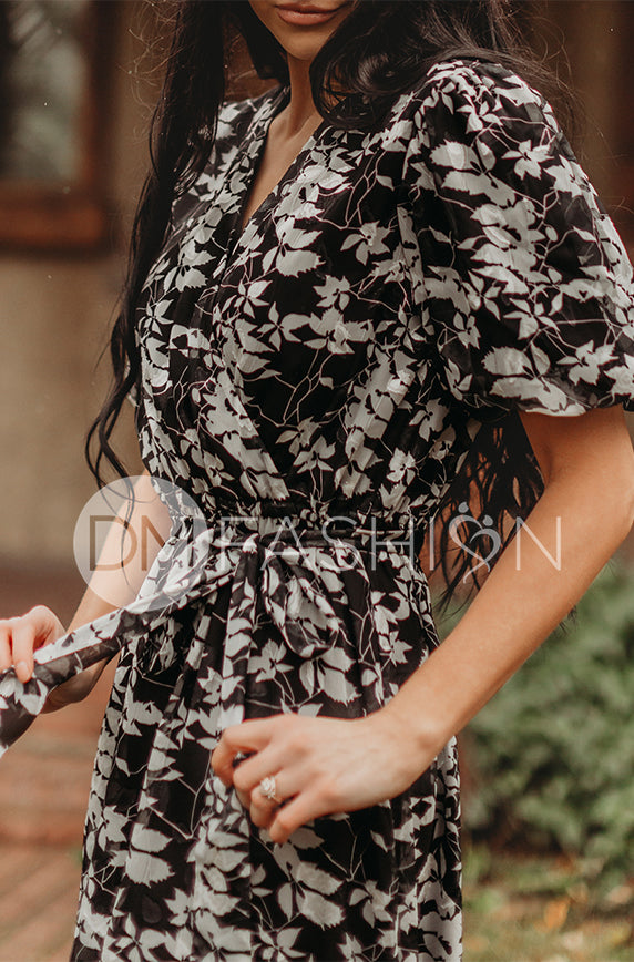Tara Black Satin Floral Dress – DM Exclusive – Nursing Friendly