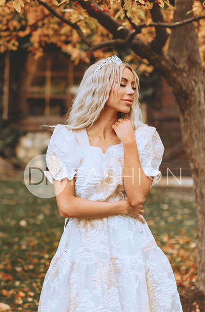 Ellis Jacquard White/Gold Velvet Dress - DM Exclusive - Maternity Friendly
