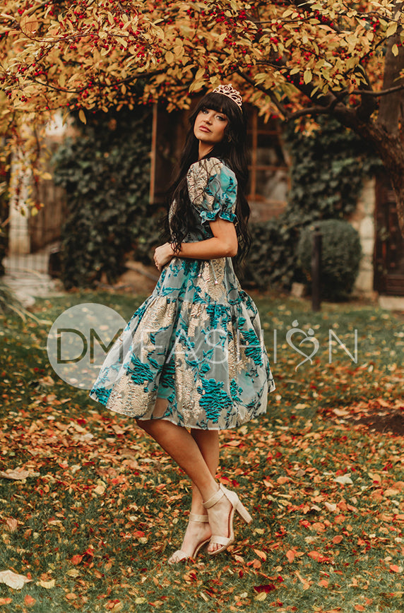 Ellis Jacquard Teal/Gold Velvet Dress - DM Exclusive