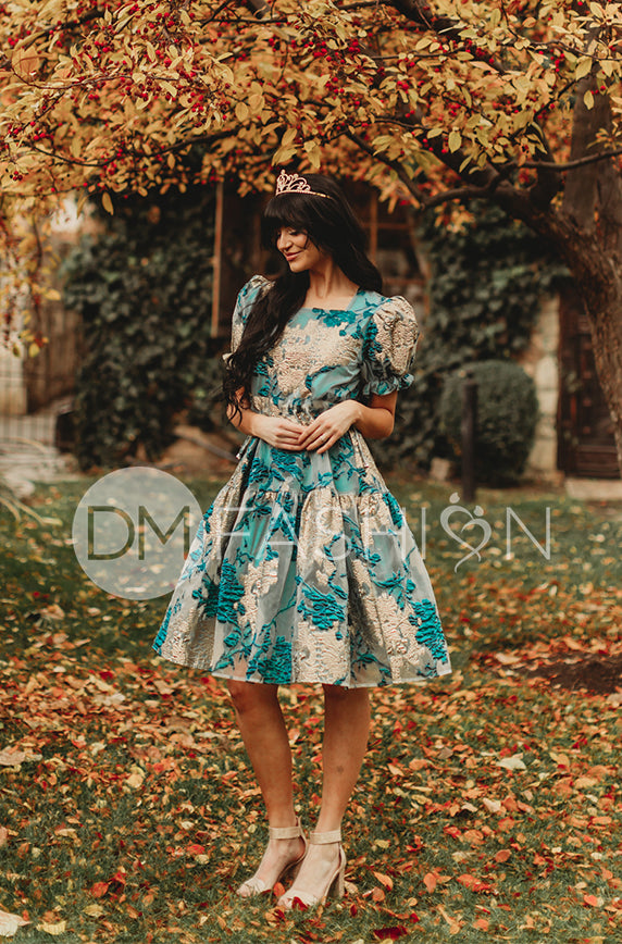 Ellis Jacquard Teal/Gold Velvet Dress - DM Exclusive