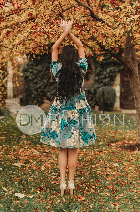 Ellis Jacquard Teal/Gold Velvet Dress - DM Exclusive