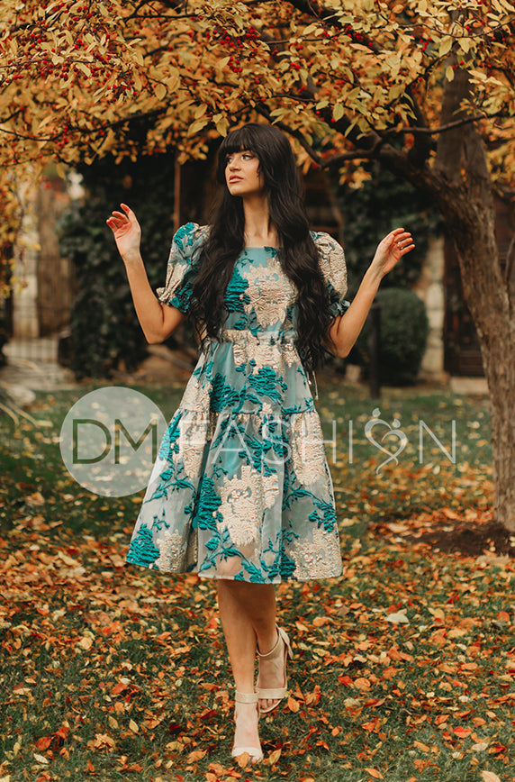 Ellis Jacquard Teal/Gold Velvet Dress - DM exclusive - Final Sale - Low Stock 2XL