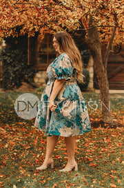 Ellis Jacquard Teal/Gold Velvet Dress - DM Exclusive