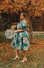 Ellis Jacquard Teal/Gold Velvet Dress - DM Exclusive