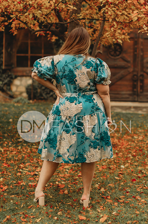 Ellis Jacquard Teal/Gold Velvet Dress - DM exclusive - Final Sale - Low Stock 2XL Ellis Jacquard Teal/Gold Velvet Dress - DM exclusive - Final Sale - Low Stock 2XL