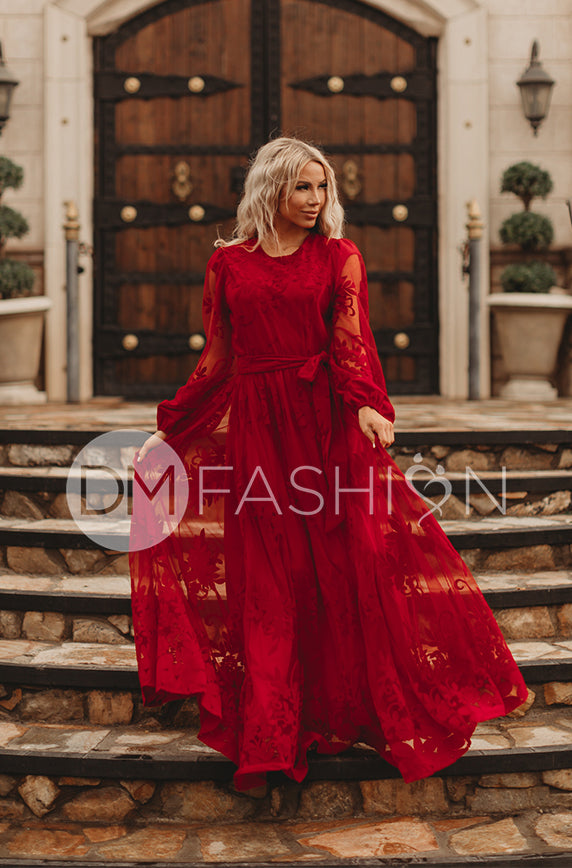 long sleeve red lace maxi dress Skye Red Gown - DM Exclusive - Restocked