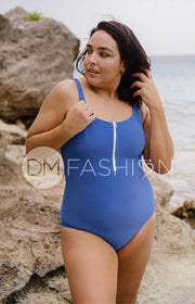 Zipper Open Back Textured One Piece - French Blue