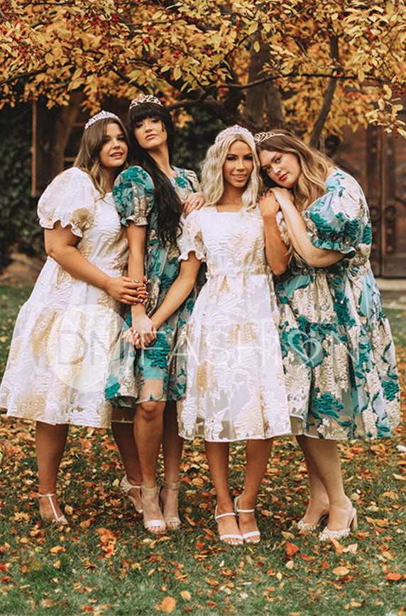 Ellis Jacquard Teal/Gold Velvet Dress - DM Exclusive