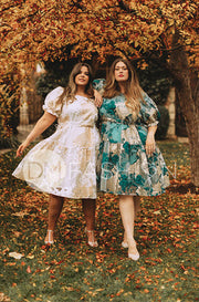 Ellis Jacquard Teal/Gold Velvet Dress - DM Exclusive