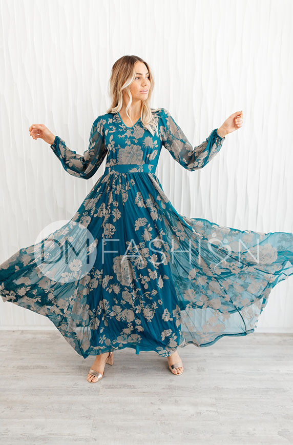 Adoria Teal Floral Velvet Maxi - DM Exclusive- Restocked - Maternity Friendly - FINAL FEW