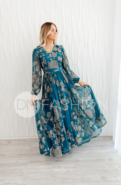 Adoria Teal Floral Velvet Maxi - DM Exclusive- Restocked - Maternity Friendly - FINAL FEW