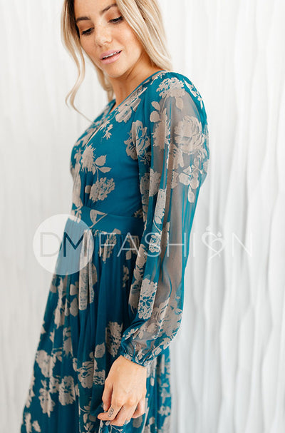 Adoria Teal Floral Velvet Maxi - DM Exclusive- Restocked - Maternity Friendly