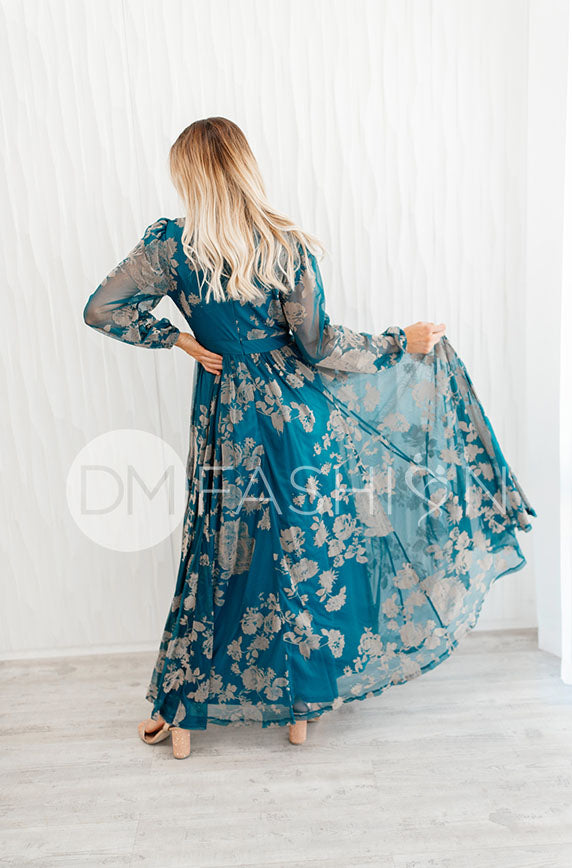 Adoria Teal Floral Velvet Maxi - DM Exclusive- Restocked - Maternity Friendly - FINAL FEW