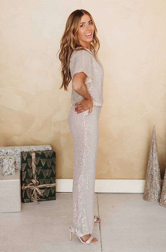 Starry Eyed Champagne Sequin Pants - Restocked