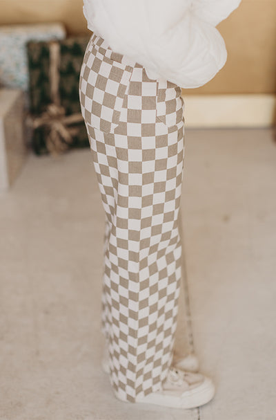 Emily Checkered Taupe Pants - Restocked